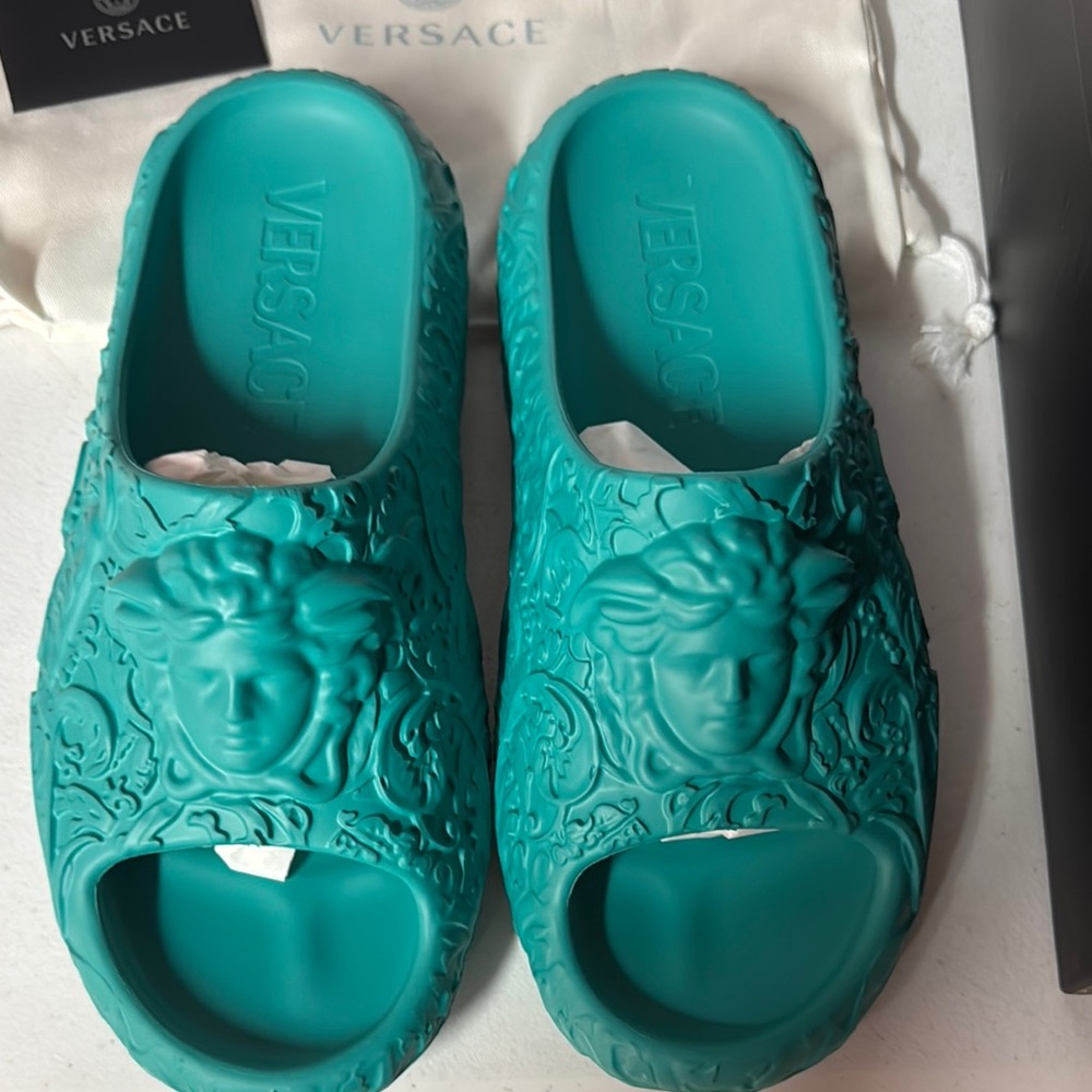 Versace Turquoise Slip-On Loafers with Ornate Design